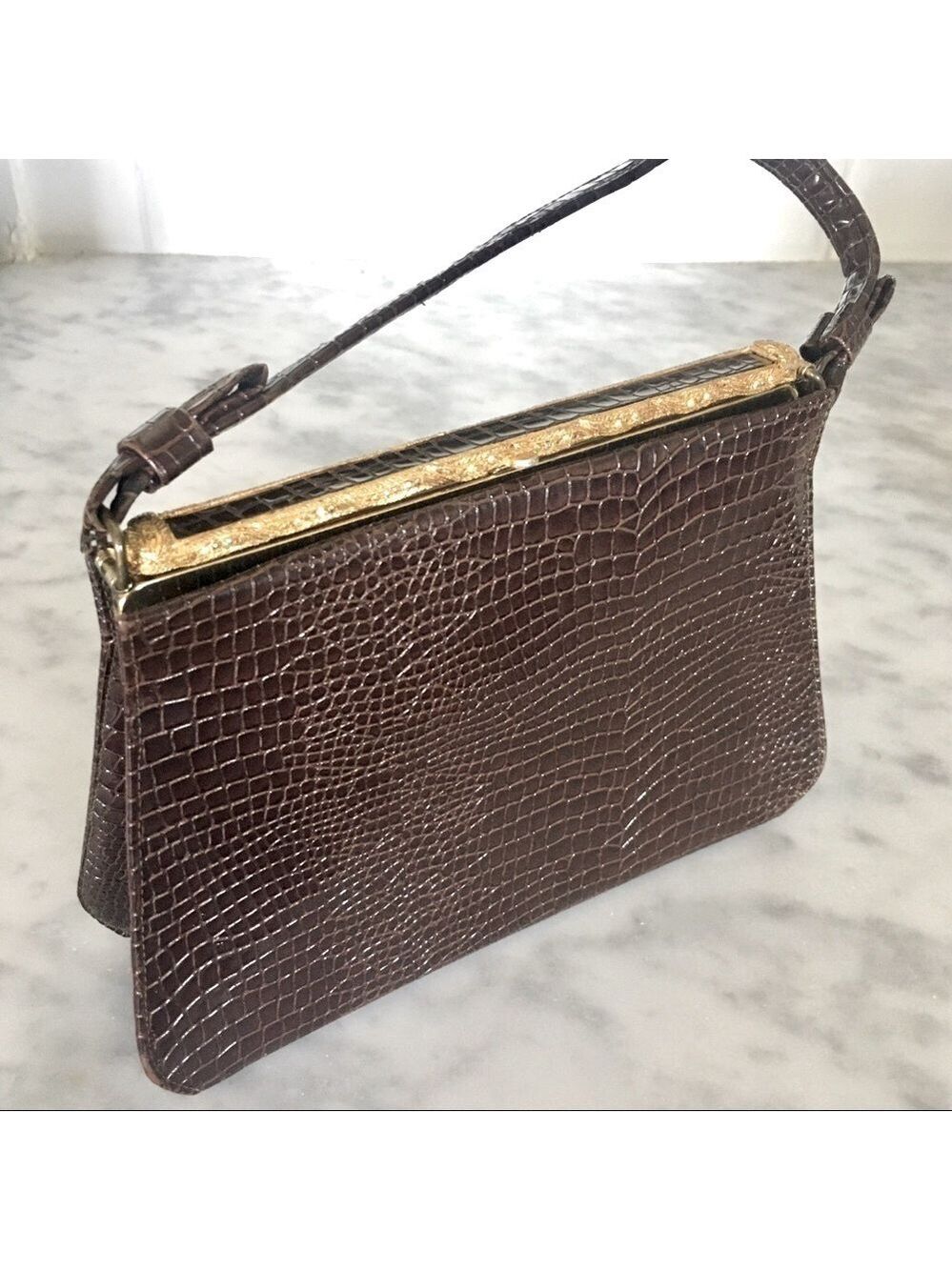 Vintage Handbag Chocolate Brown Croc Pattern with gold tone trim by After Five